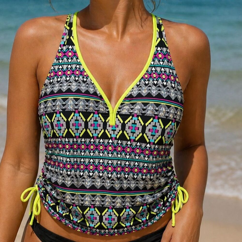 Arizona Jeans Co Tankini Bathing Suit Top L Tribal Geometric Racerback Swim Top